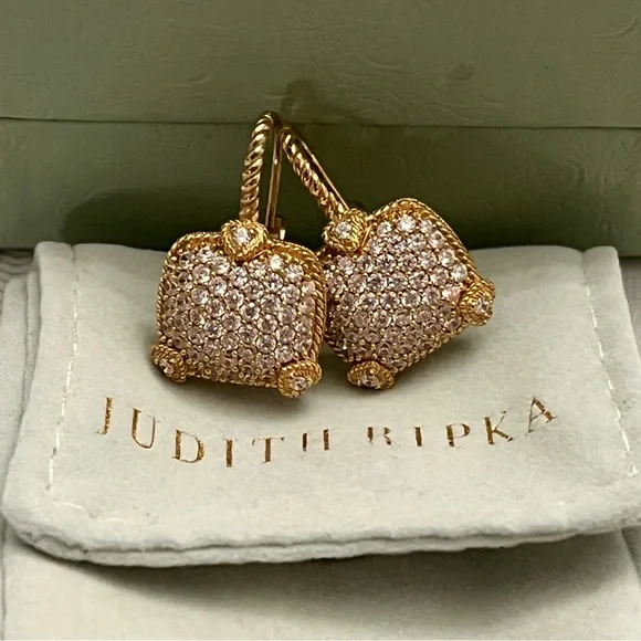 Judith Ripka Pave Diamonique Gold Clad Leverback Earrings Olivia - Picture 2 of 4